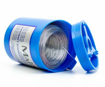 A blue cannister of safety lock wire